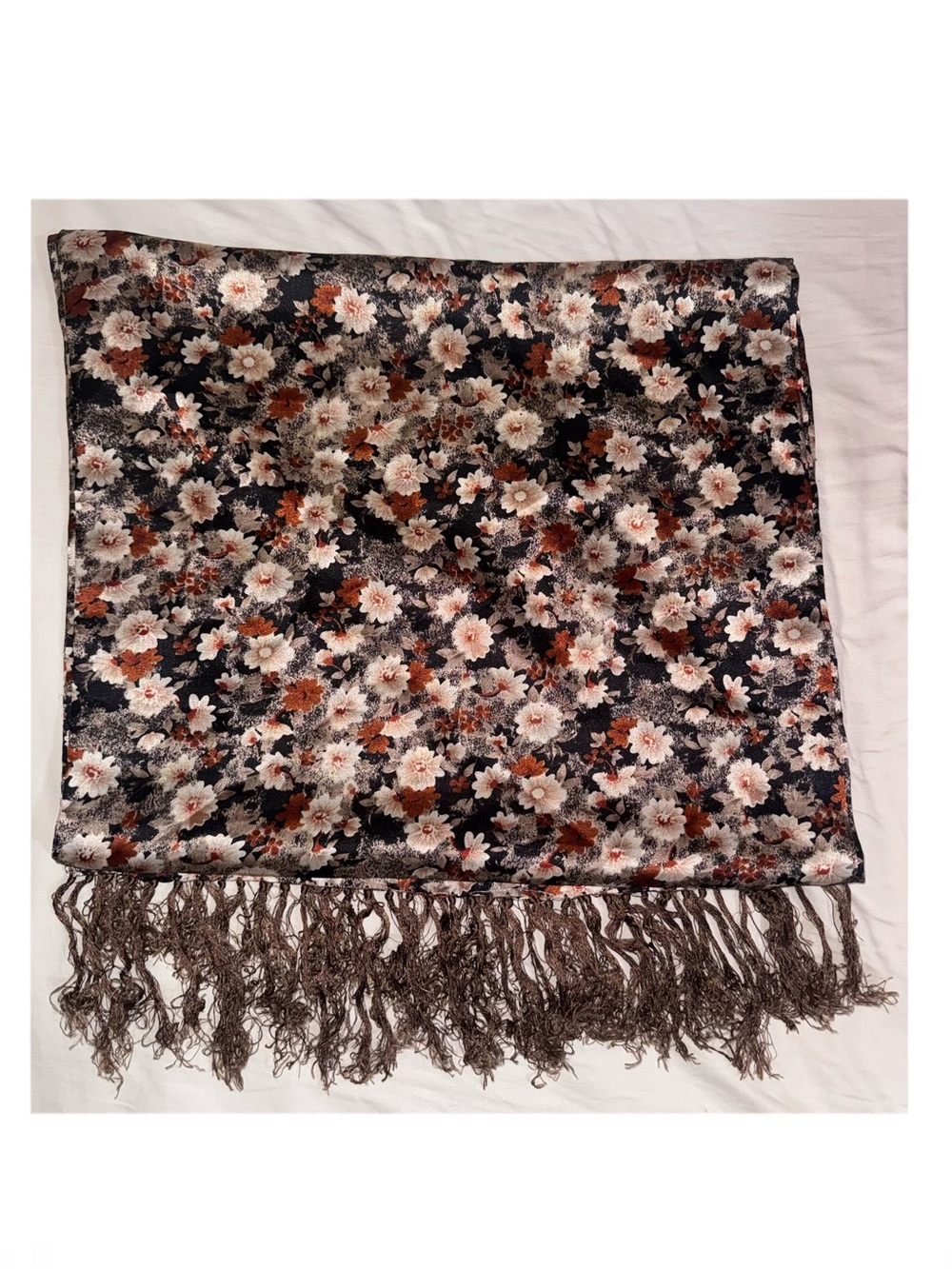 Vintage Floral Satin Fringe Shawl Scarf - Picture 2 of 2